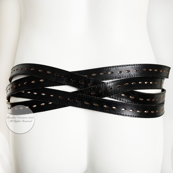 Vintage 80s Belt Wide Multi-Strap Black Leather by M Made in India #F20478 main image 6